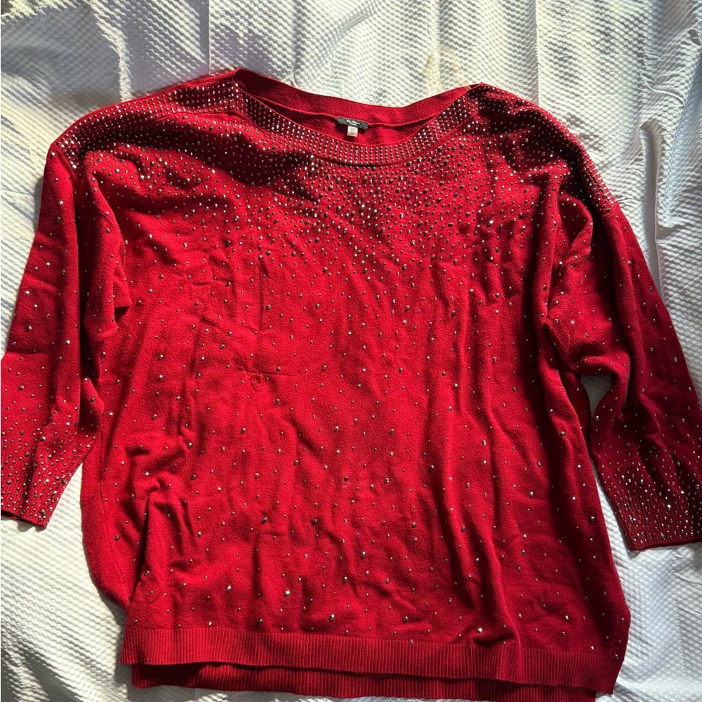 Red Embellished Sweater with Rhinestones